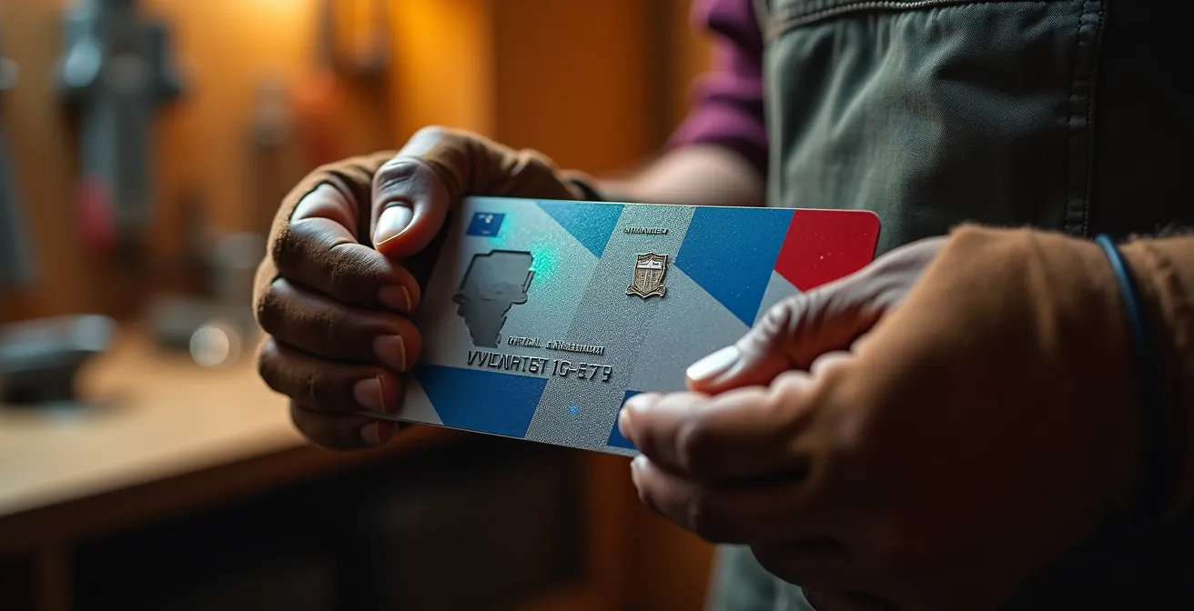 Gros plan sur les mains gantées d'un artisan présentant une carte d'identification professionnelle avec des motifs abstraits colorés sans texte lisible