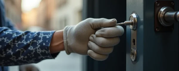 Professionnel en serrurerie vérifiant méticuleusement une porte d'entrée moderne avec ses outils spécialisés dans un environnement urbain liégeois