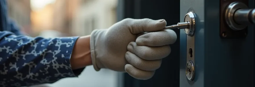 Professionnel en serrurerie vérifiant méticuleusement une porte d'entrée moderne avec ses outils spécialisés dans un environnement urbain liégeois